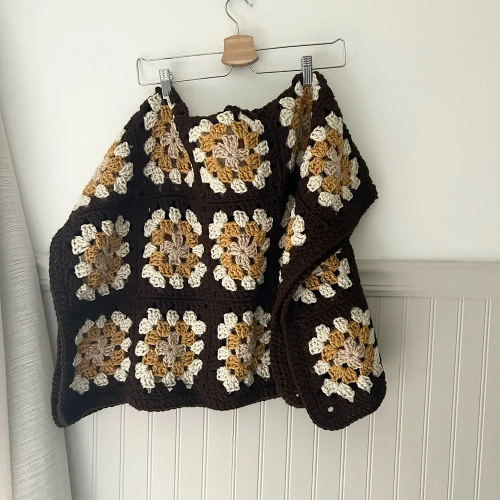 Vintage Granny Square Brown Cream Yellow Handmade Crochet Baby or Lap Blanket